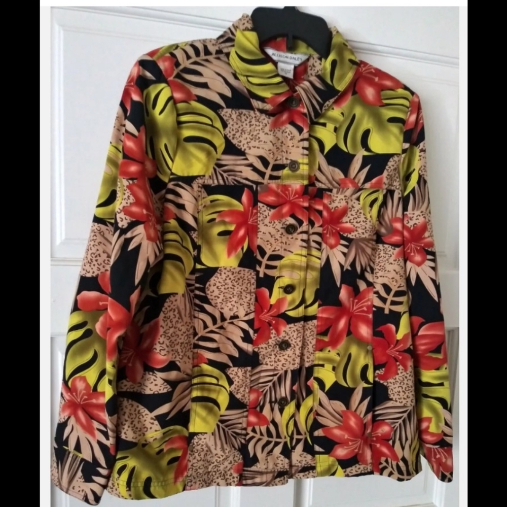 Allison Daley Women's Multicolor Tan Black Green Tropical Jacket Size 12